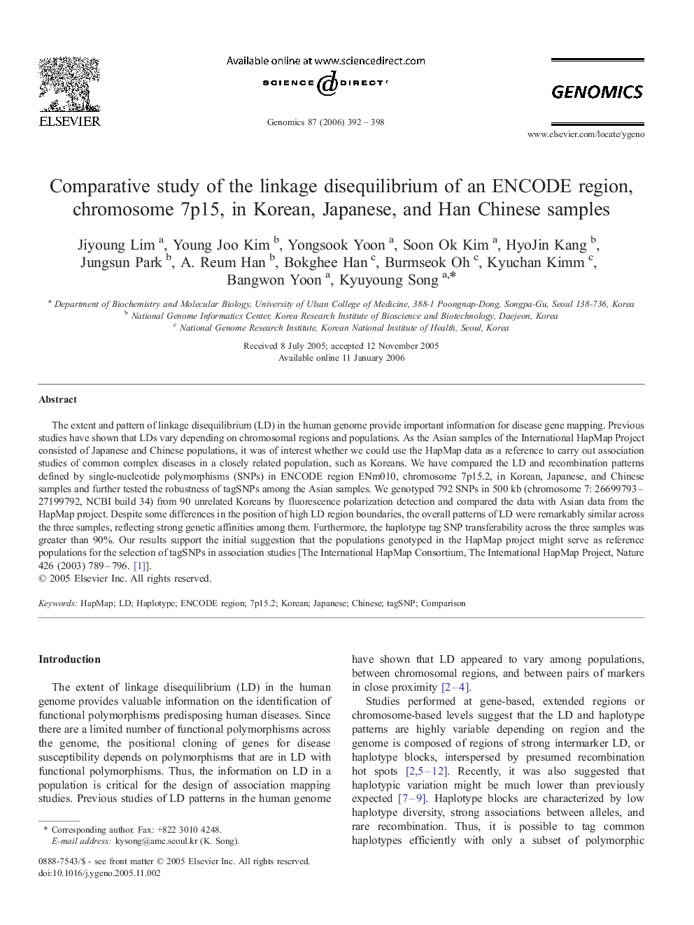 Comparative study of the linkage disequilibrium of an ENCODE region, chromosome 7p15, in Korean, Japanese, and Han Chinese samples