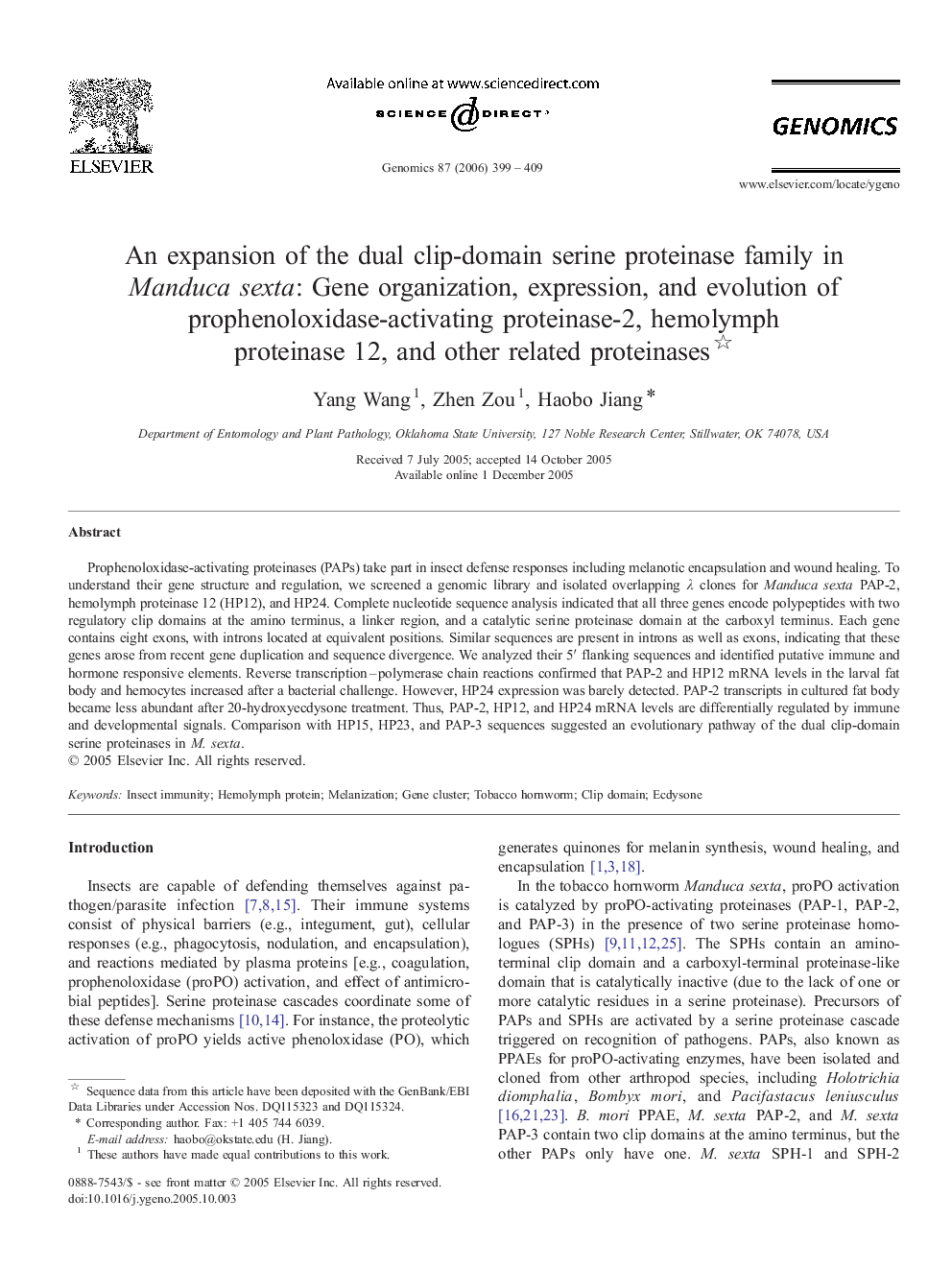 An expansion of the dual clip-domain serine proteinase family in Manduca sexta: Gene organization, expression, and evolution of prophenoloxidase-activating proteinase-2, hemolymph proteinase 12, and other related proteinases 