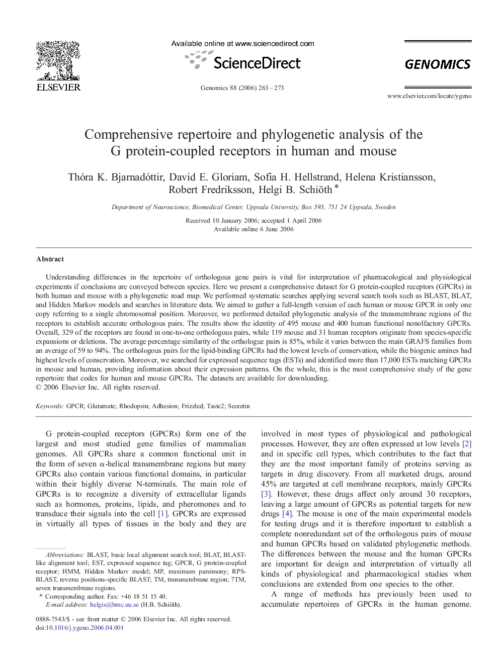 Comprehensive repertoire and phylogenetic analysis of the G protein-coupled receptors in human and mouse