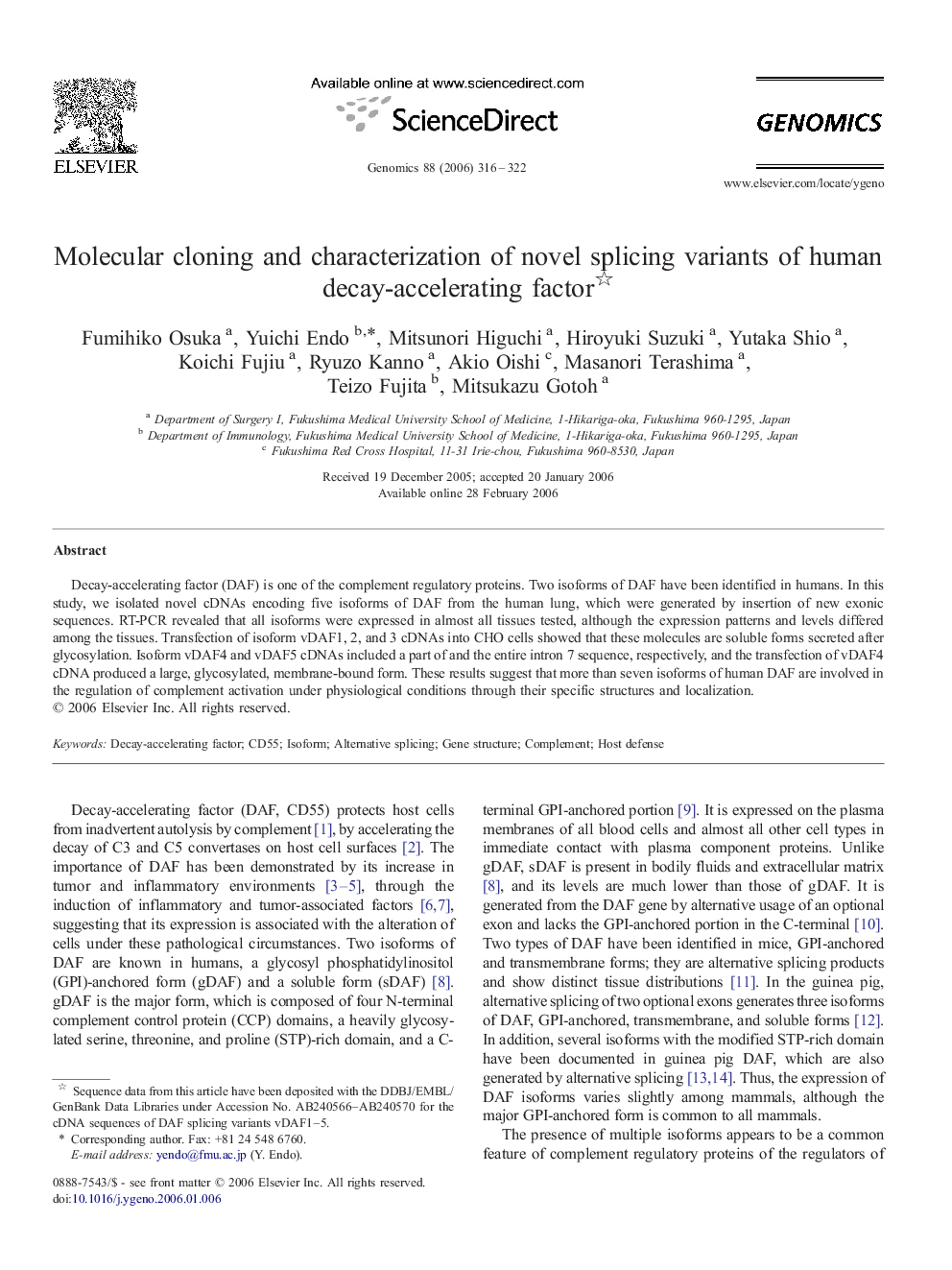 Molecular cloning and characterization of novel splicing variants of human decay-accelerating factor 