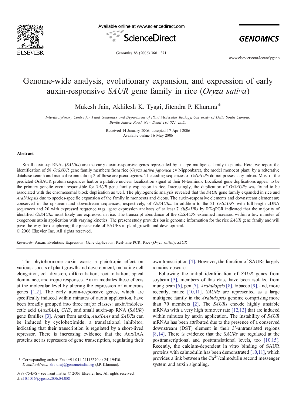 Genome-wide analysis, evolutionary expansion, and expression of early auxin-responsive SAUR gene family in rice (Oryza sativa)