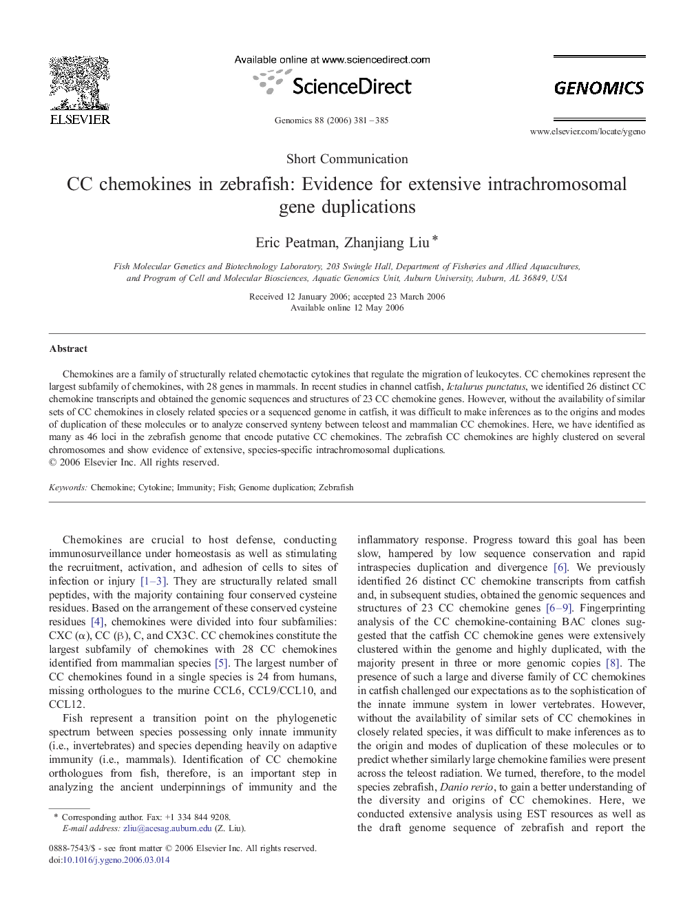 CC chemokines in zebrafish: Evidence for extensive intrachromosomal gene duplications