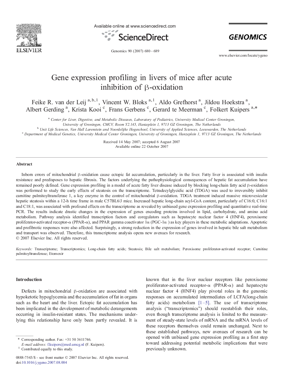 Gene expression profiling in livers of mice after acute inhibition of β-oxidation