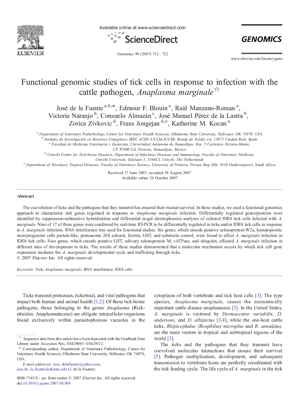 Functional genomic studies of tick cells in response to infection with the cattle pathogen, Anaplasma marginale 