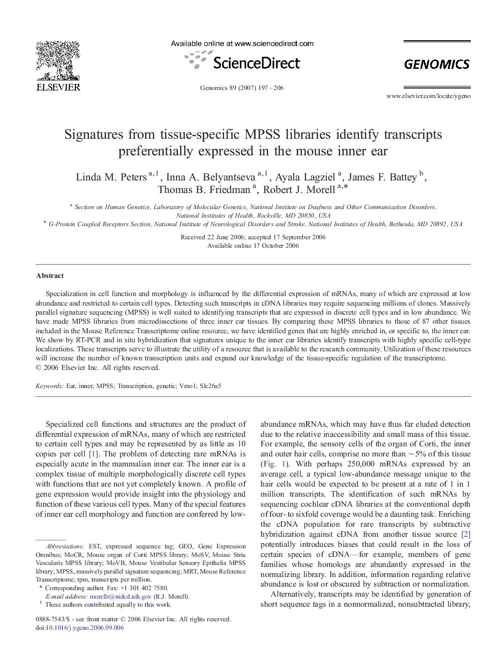 Signatures from tissue-specific MPSS libraries identify transcripts preferentially expressed in the mouse inner ear