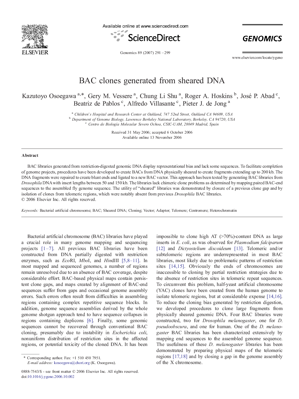 BAC clones generated from sheared DNA