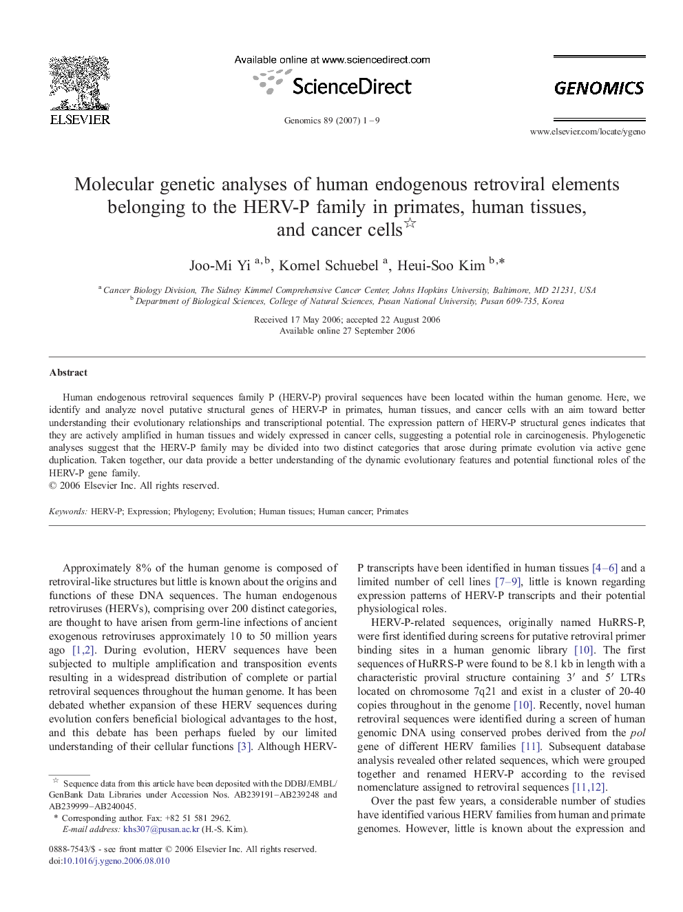 Molecular genetic analyses of human endogenous retroviral elements belonging to the HERV-P family in primates, human tissues, and cancer cells 