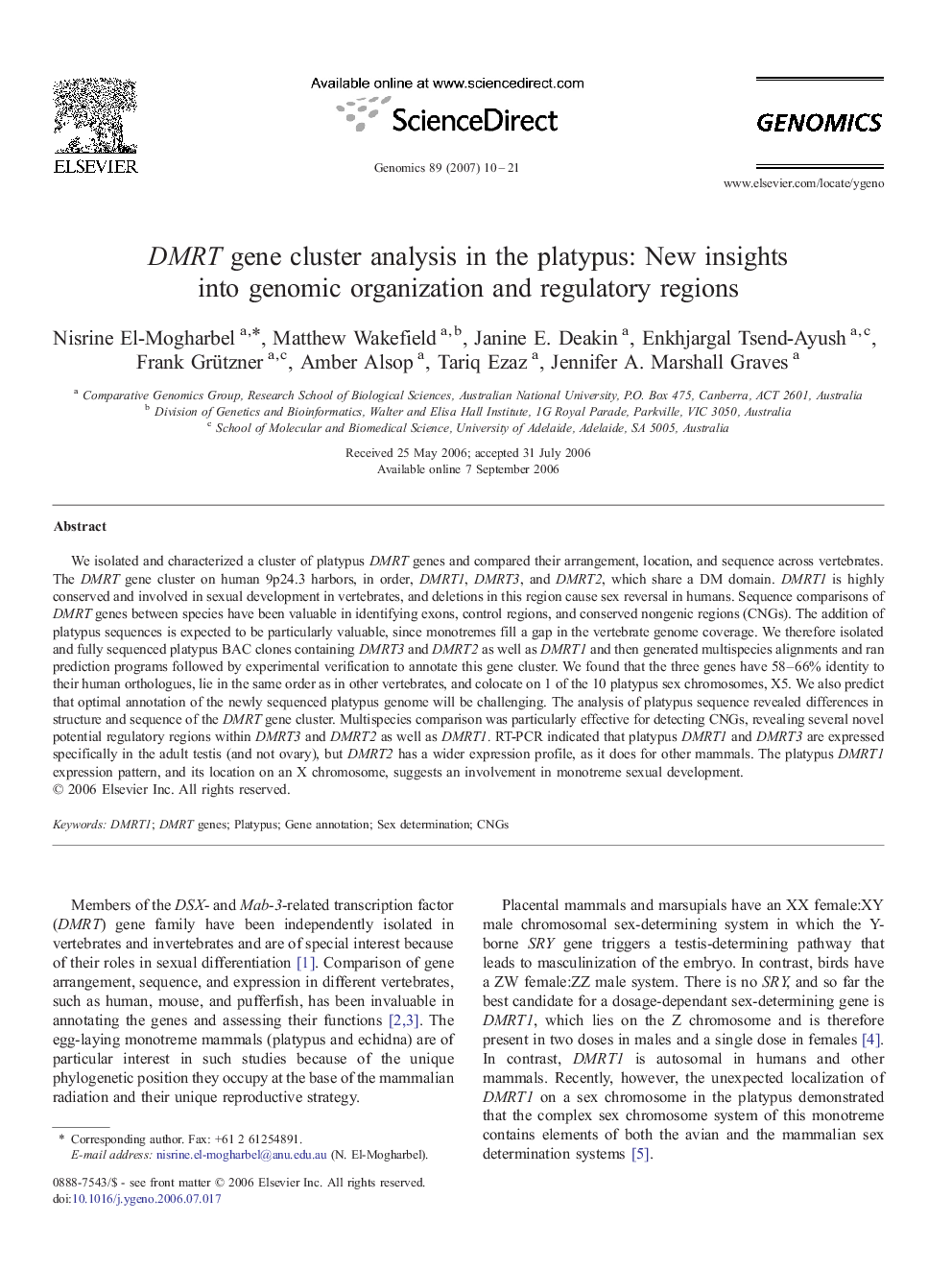 DMRT gene cluster analysis in the platypus: New insights into genomic organization and regulatory regions