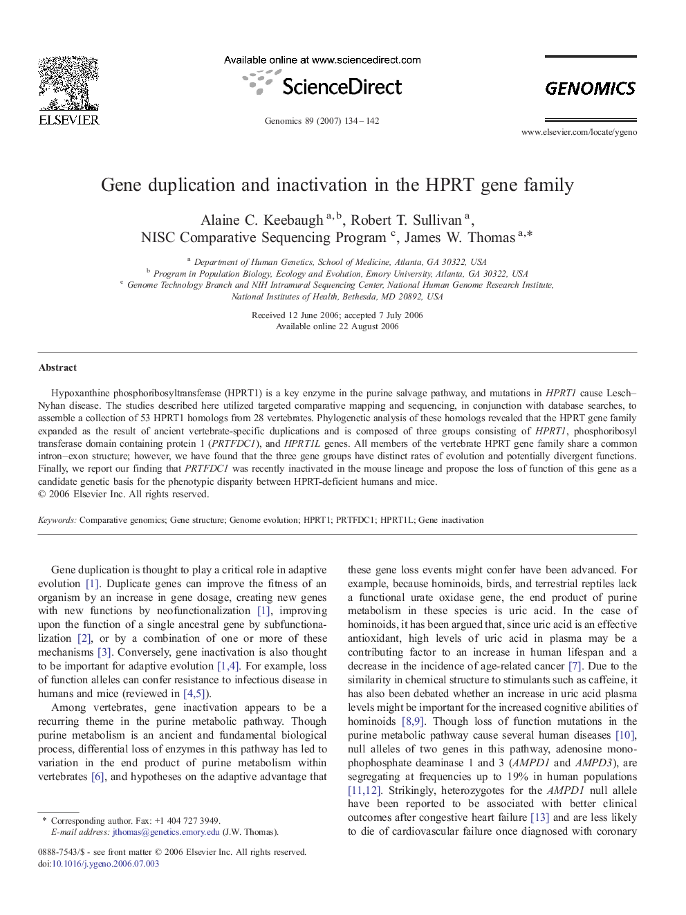 Gene duplication and inactivation in the HPRT gene family