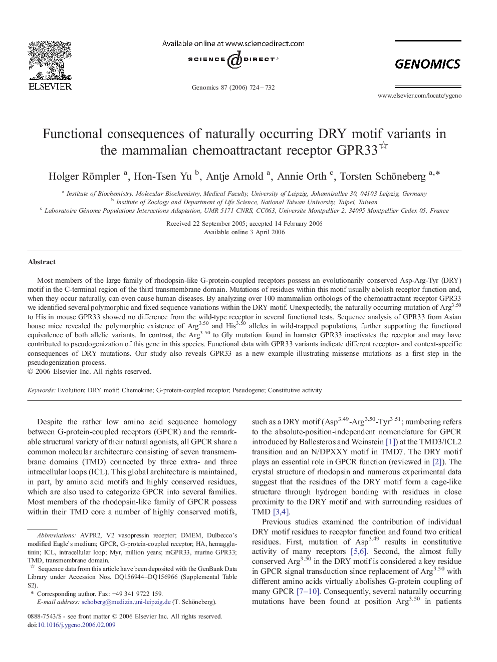 Functional consequences of naturally occurring DRY motif variants in the mammalian chemoattractant receptor GPR33 