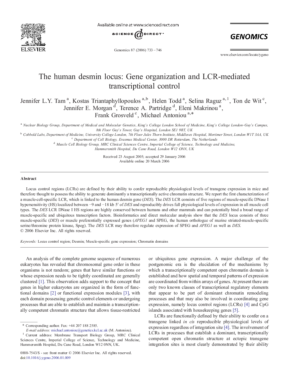 The human desmin locus: Gene organization and LCR-mediated transcriptional control