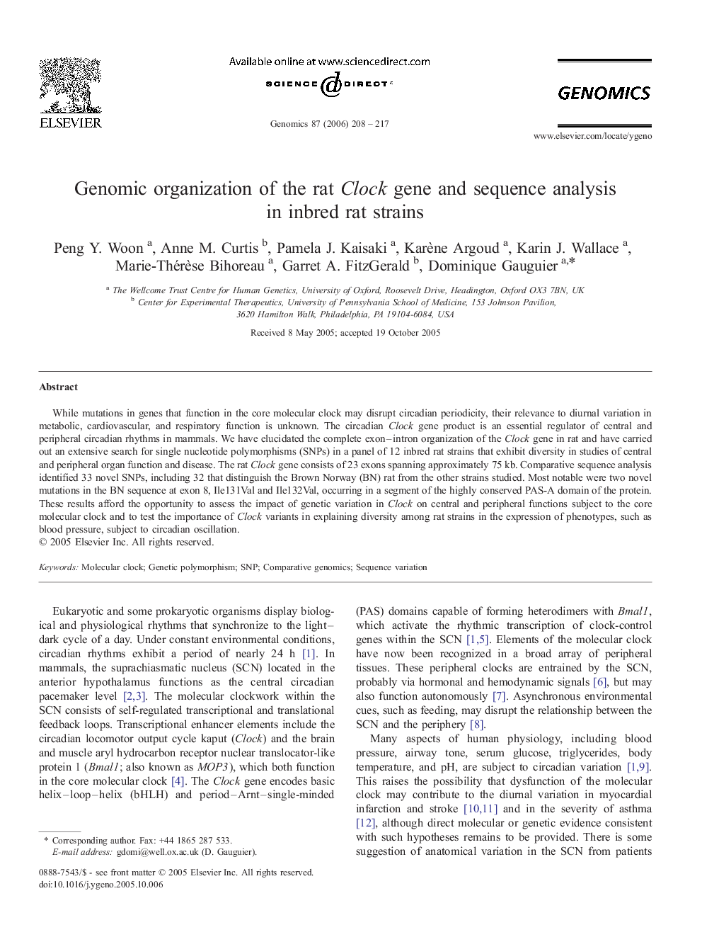 Genomic organization of the rat Clock gene and sequence analysis in inbred rat strains