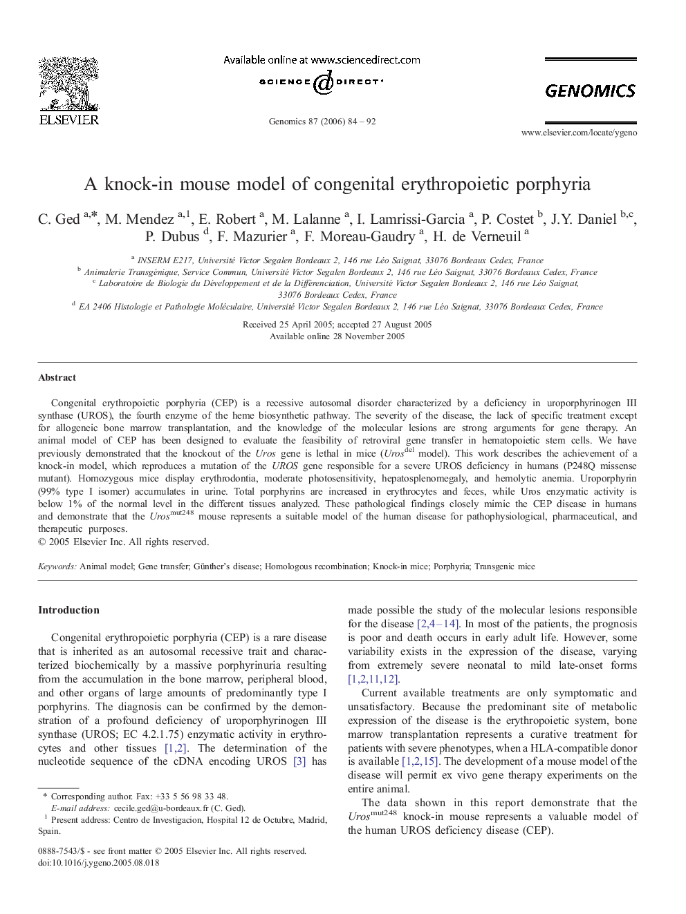 A knock-in mouse model of congenital erythropoietic porphyria