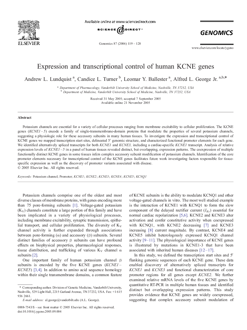 Expression and transcriptional control of human KCNE genes