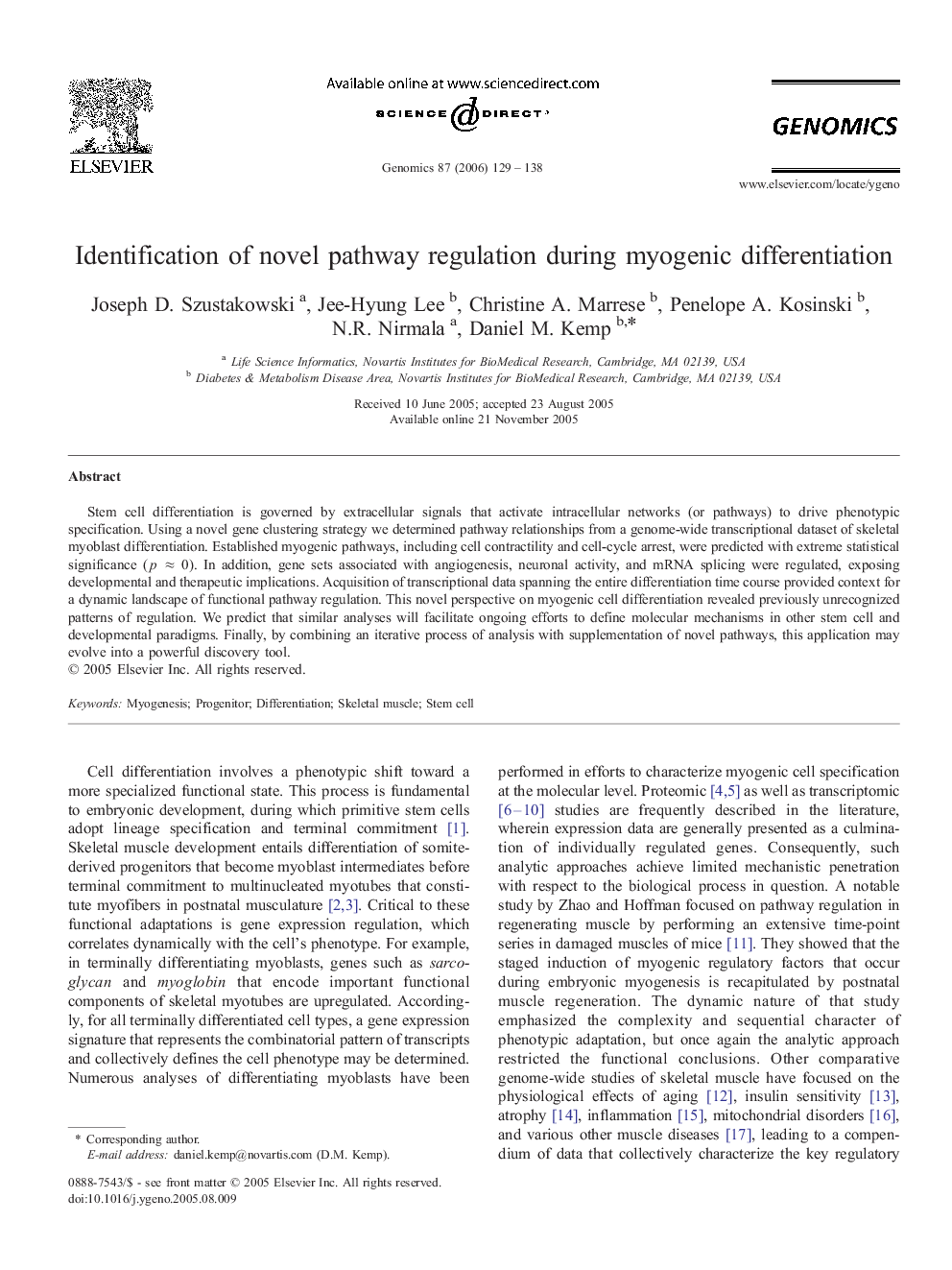 Identification of novel pathway regulation during myogenic differentiation