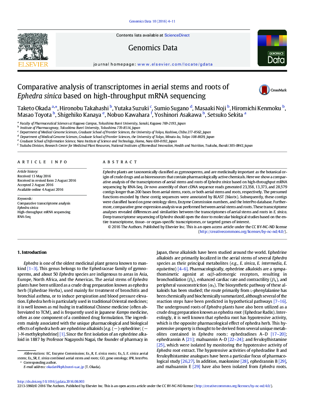 Comparative analysis of transcriptomes in aerial stems and roots of Ephedra sinica based on high-throughput mRNA sequencing