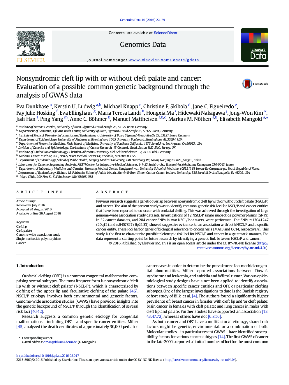 Nonsyndromic cleft lip with or without cleft palate and cancer: Evaluation of a possible common genetic background through the analysis of GWAS data