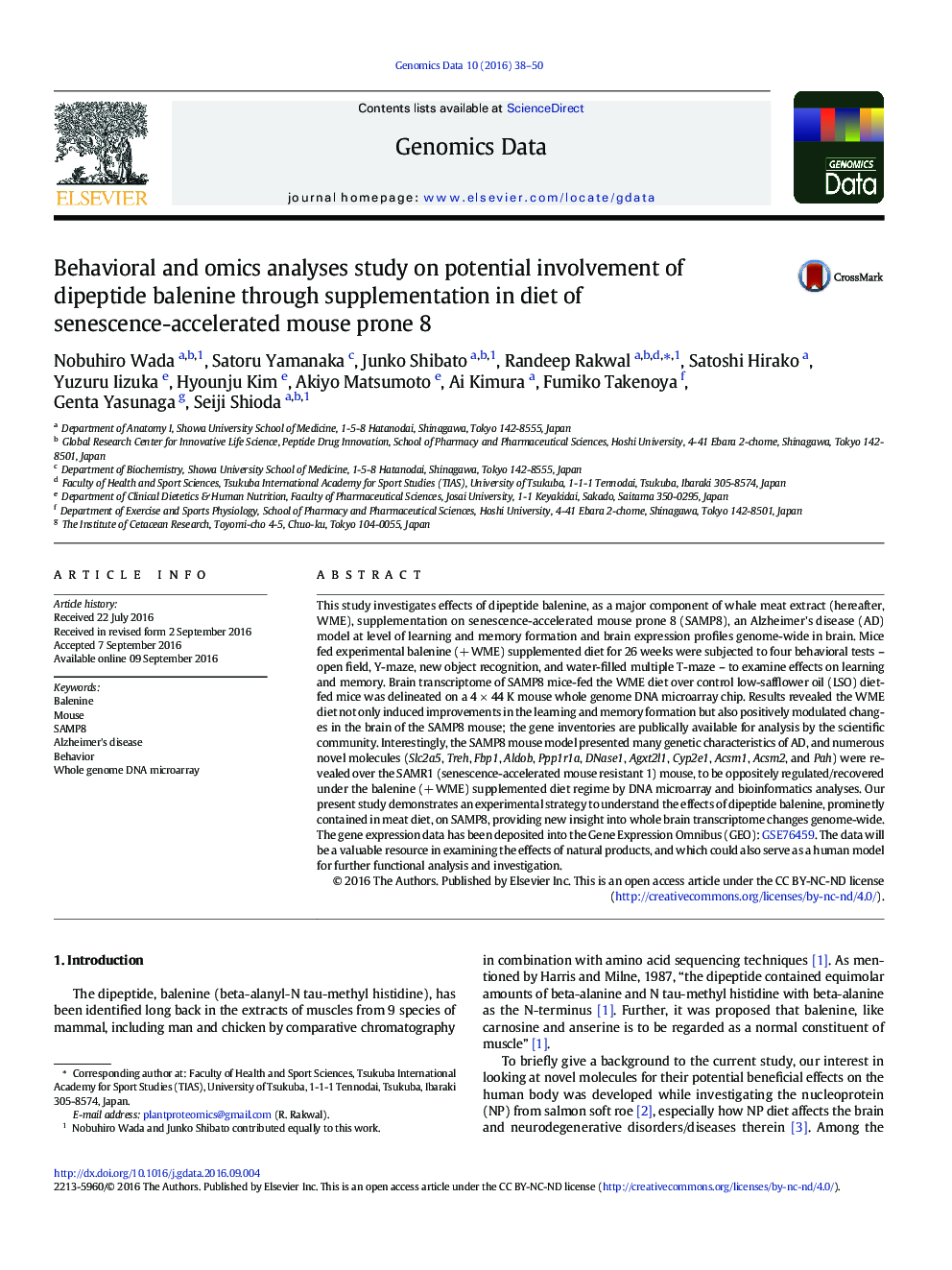 Behavioral and omics analyses study on potential involvement of dipeptide balenine through supplementation in diet of senescence-accelerated mouse prone 8