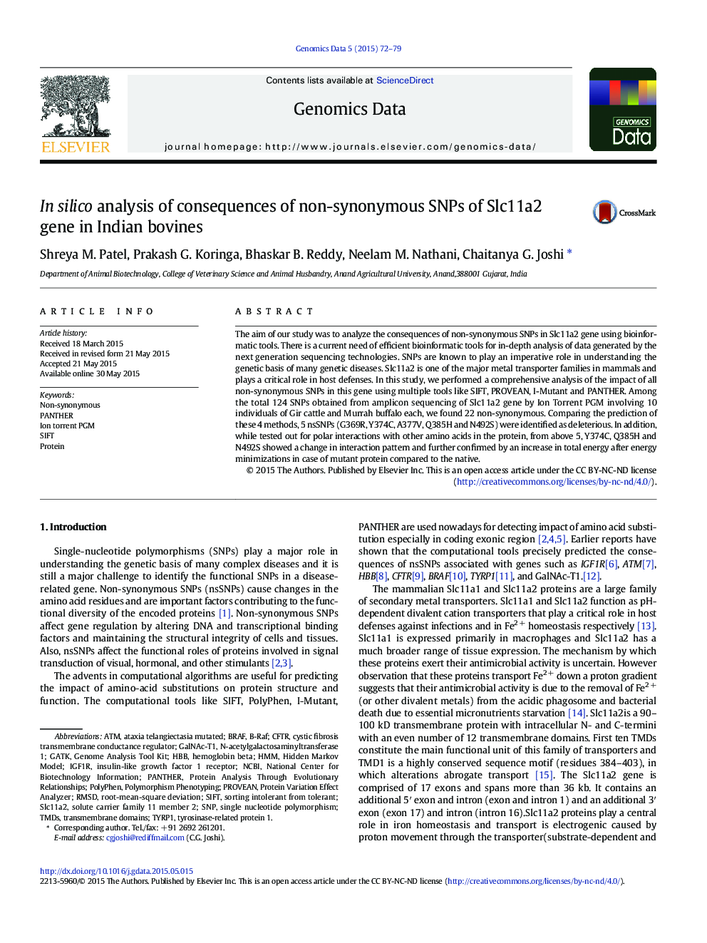 In silico analysis of consequences of non-synonymous SNPs of Slc11a2 gene in Indian bovines