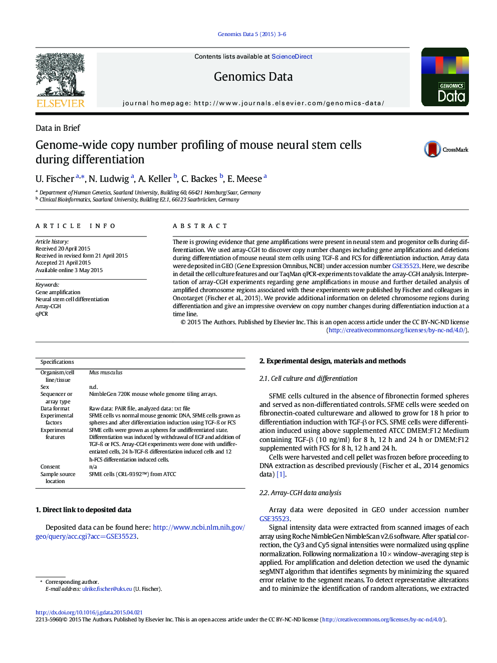 Genome-wide copy number profiling of mouse neural stem cells during differentiation