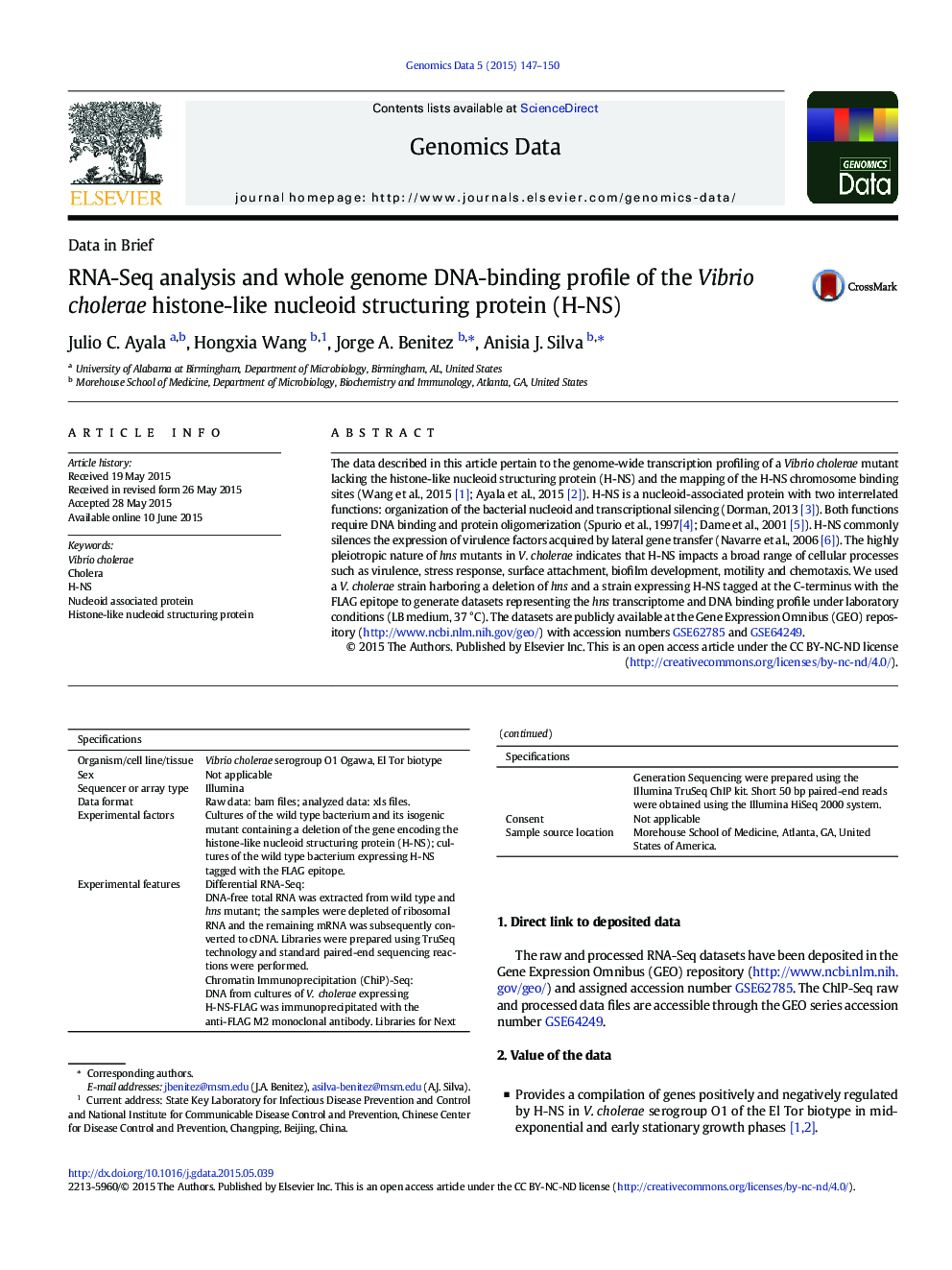 RNA-Seq analysis and whole genome DNA-binding profile of the Vibrio cholerae histone-like nucleoid structuring protein (H-NS)