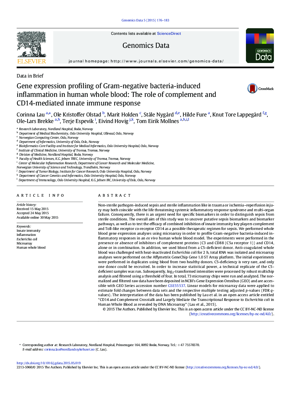 Gene expression profiling of Gram-negative bacteria-induced inflammation in human whole blood: The role of complement and CD14-mediated innate immune response