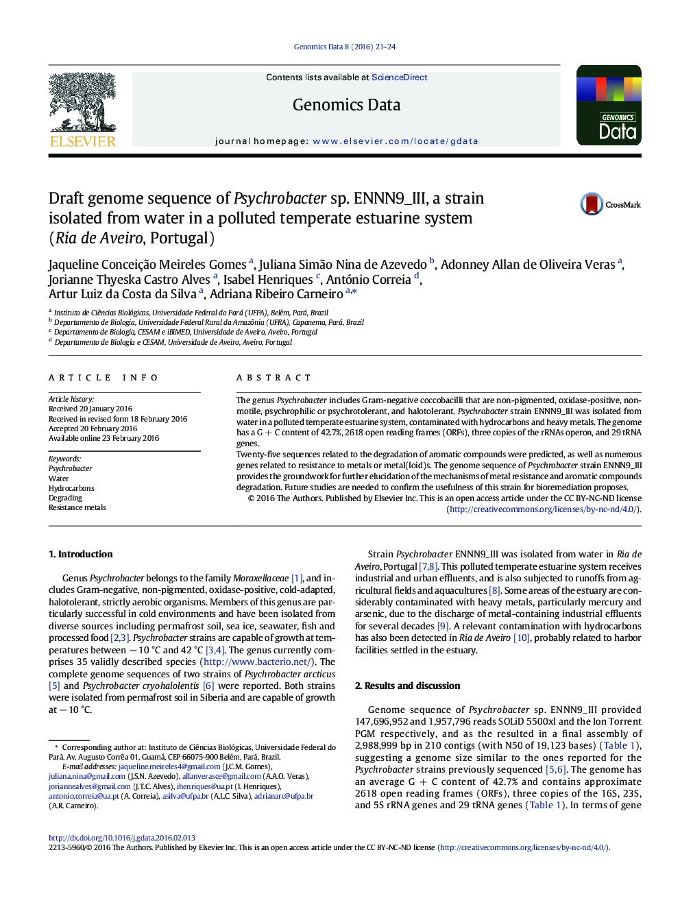 Draft genome sequence of Psychrobacter sp. ENNN9_III, a strain isolated from water in a polluted temperate estuarine system (Ria de Aveiro, Portugal)