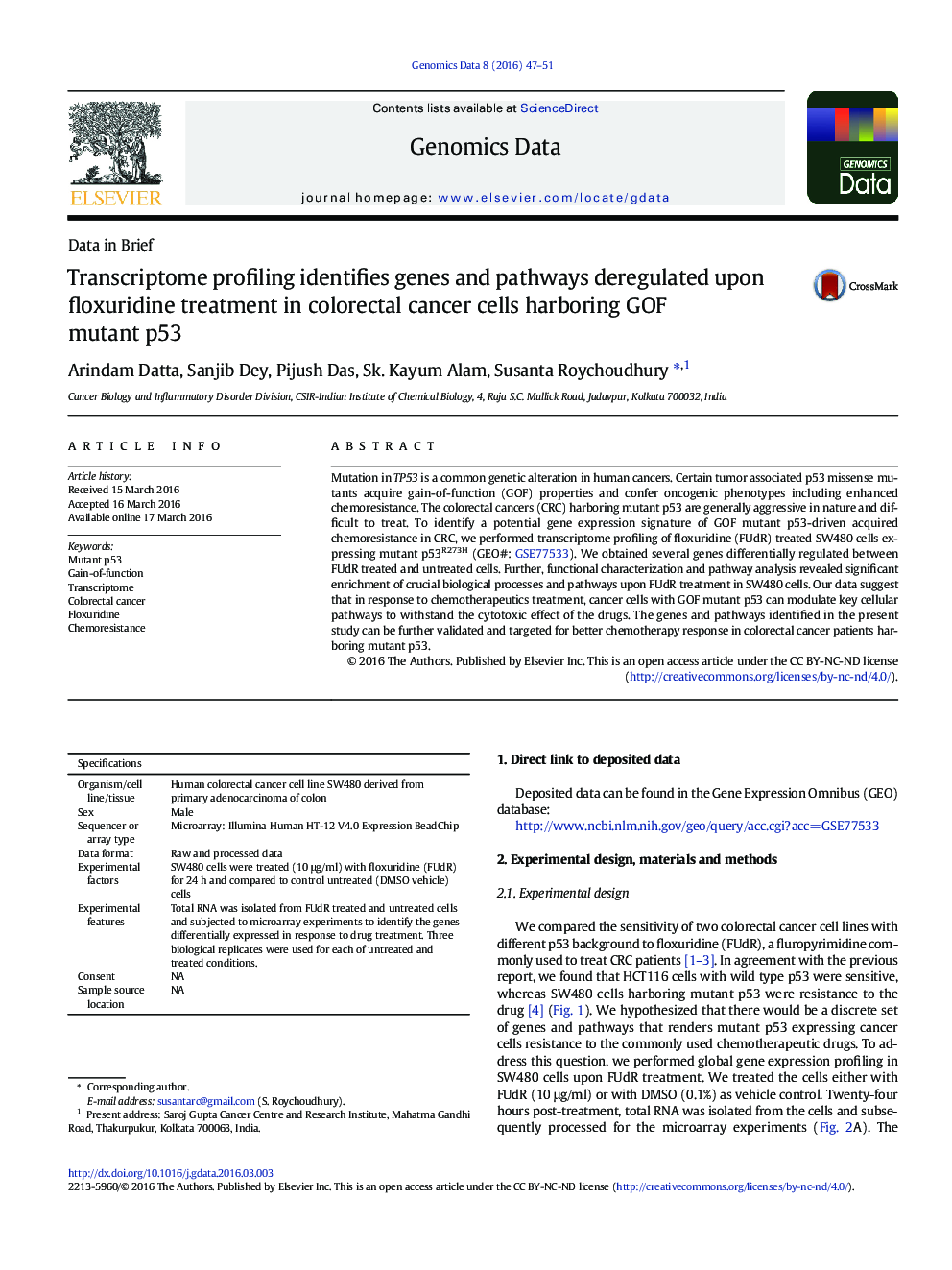 Transcriptome profiling identifies genes and pathways deregulated upon floxuridine treatment in colorectal cancer cells harboring GOF mutant p53