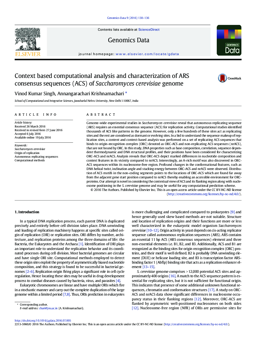 Context based computational analysis and characterization of ARS consensus sequences (ACS) of Saccharomyces cerevisiae genome