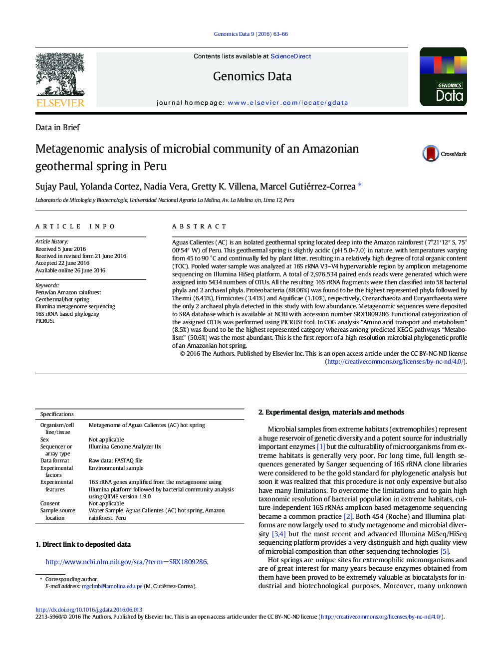 Metagenomic analysis of microbial community of an Amazonian geothermal spring in Peru