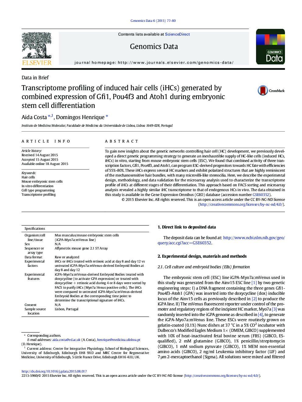 Transcriptome profiling of induced hair cells (iHCs) generated by combined expression of Gfi1, Pou4f3 and Atoh1 during embryonic stem cell differentiation