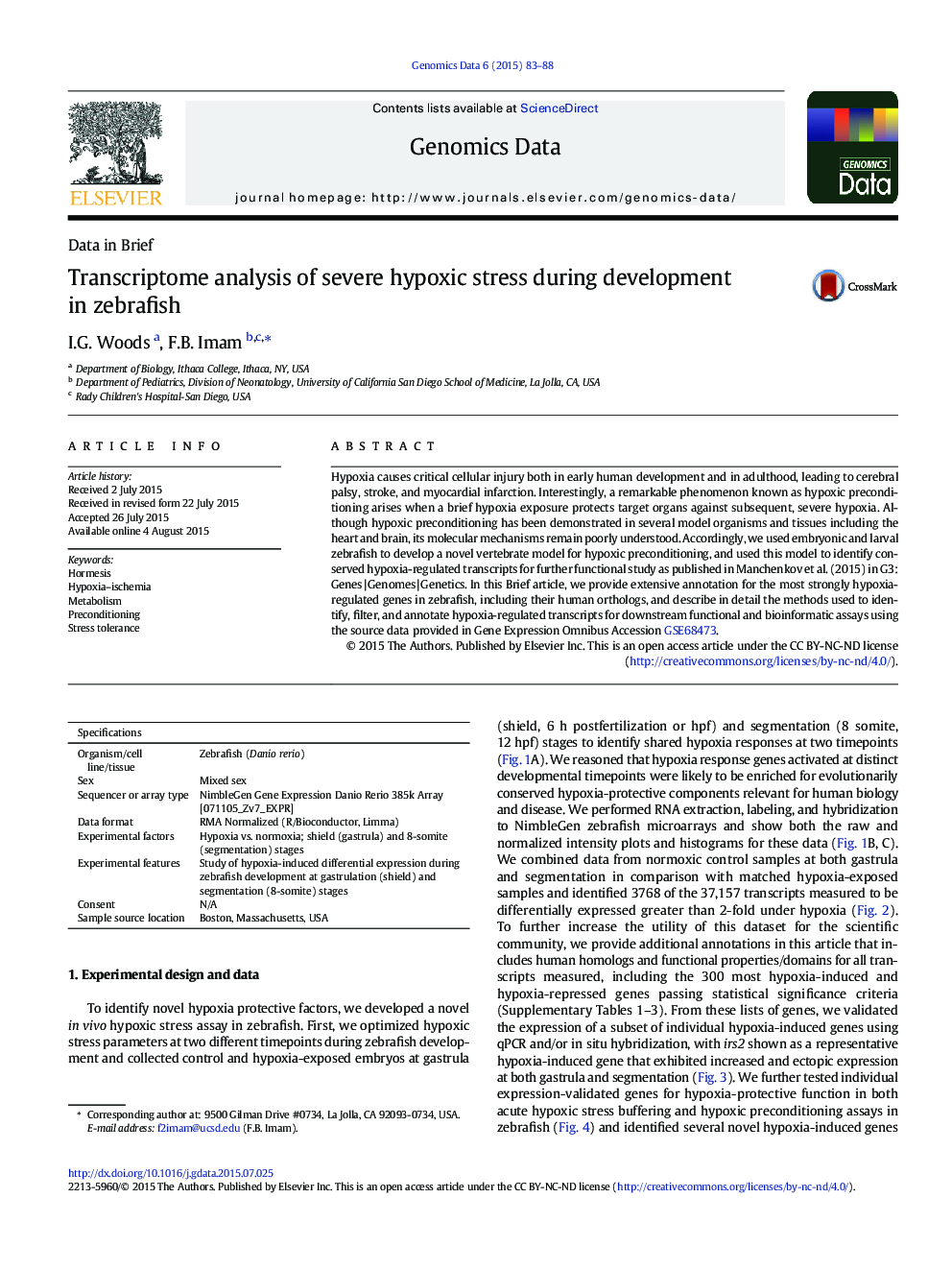Transcriptome analysis of severe hypoxic stress during development in zebrafish