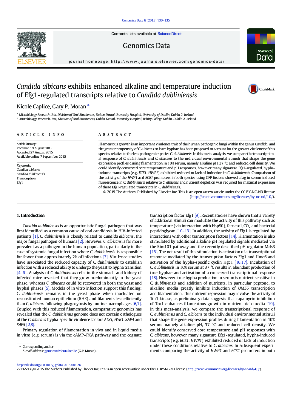 Candida albicans exhibits enhanced alkaline and temperature induction of Efg1-regulated transcripts relative to Candida dubliniensis