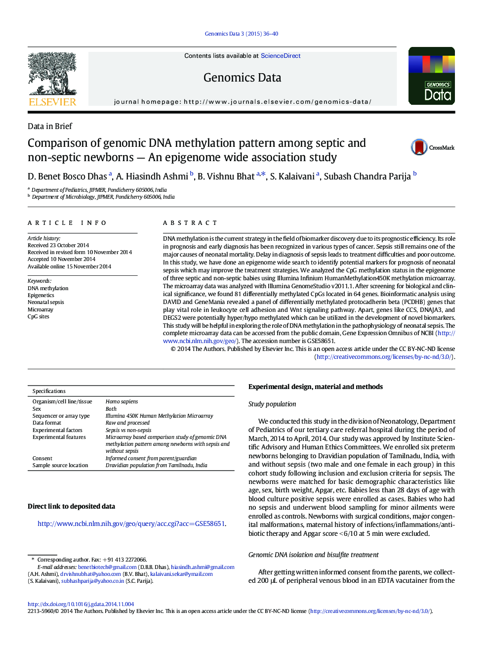 Comparison of genomic DNA methylation pattern among septic and non-septic newborns — An epigenome wide association study