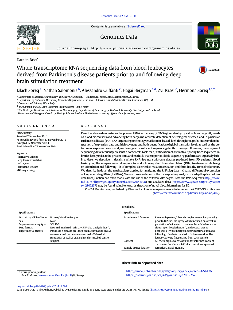 Whole transcriptome RNA sequencing data from blood leukocytes derived from Parkinson's disease patients prior to and following deep brain stimulation treatment