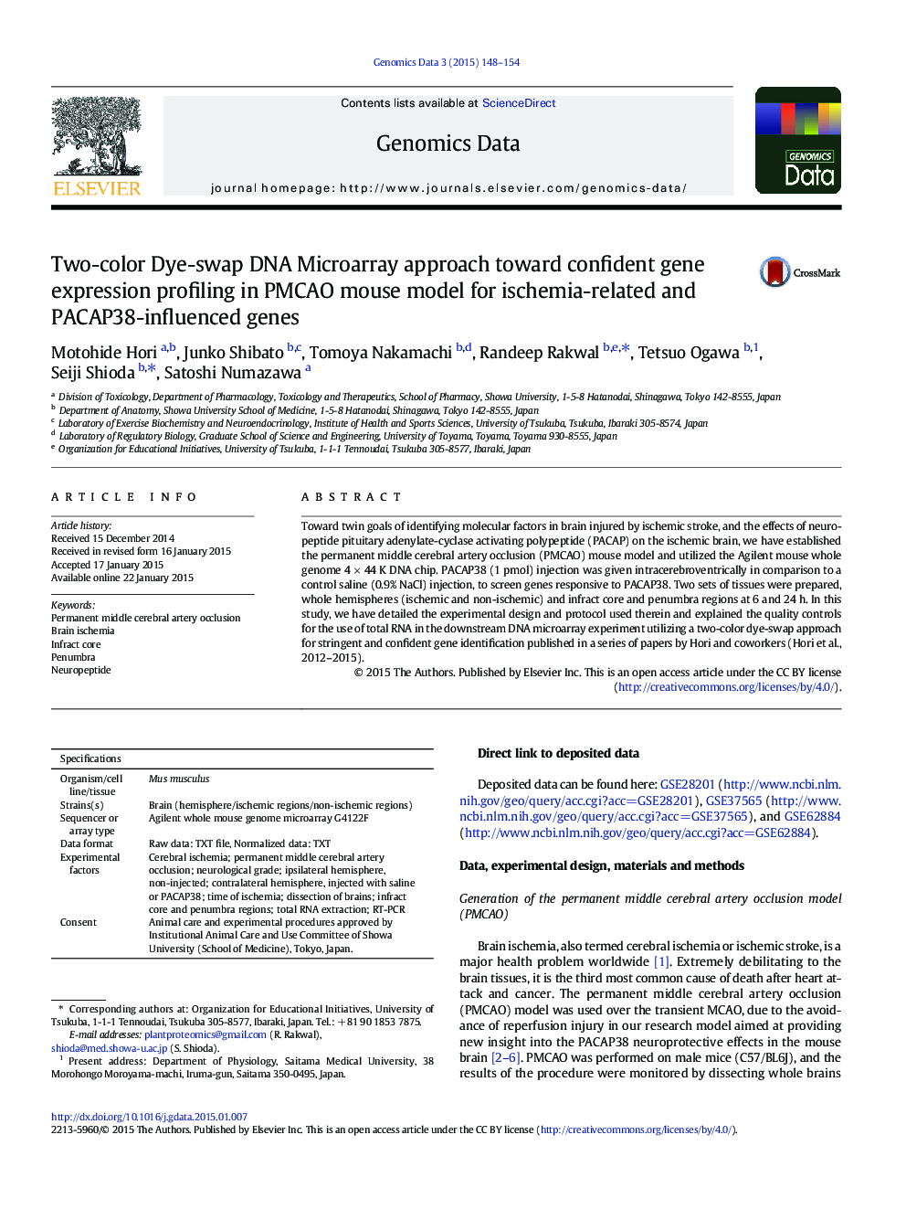 Two-color Dye-swap DNA Microarray approach toward confident gene expression profiling in PMCAO mouse model for ischemia-related and PACAP38-influenced genes