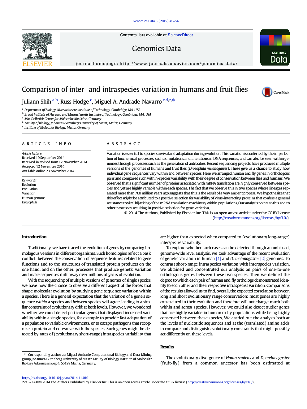 Comparison of inter- and intraspecies variation in humans and fruit flies