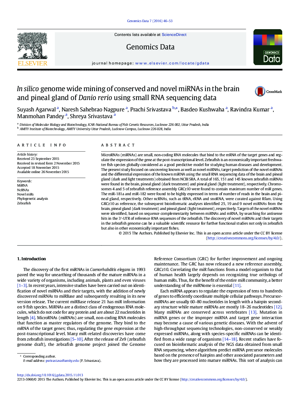 In silico genome wide mining of conserved and novel miRNAs in the brain and pineal gland of Danio rerio using small RNA sequencing data