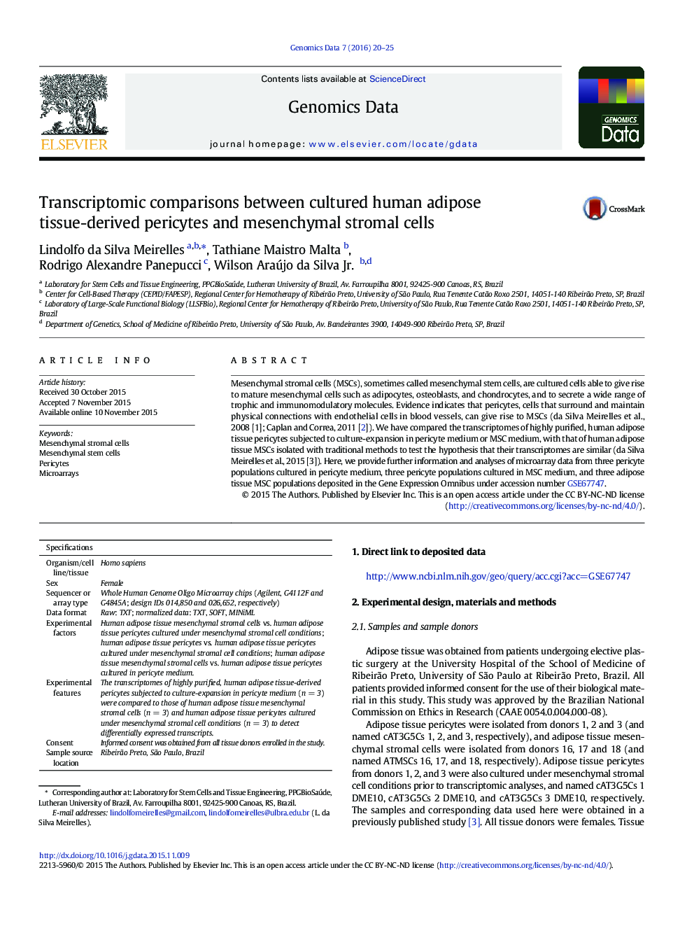 Transcriptomic comparisons between cultured human adipose tissue-derived pericytes and mesenchymal stromal cells