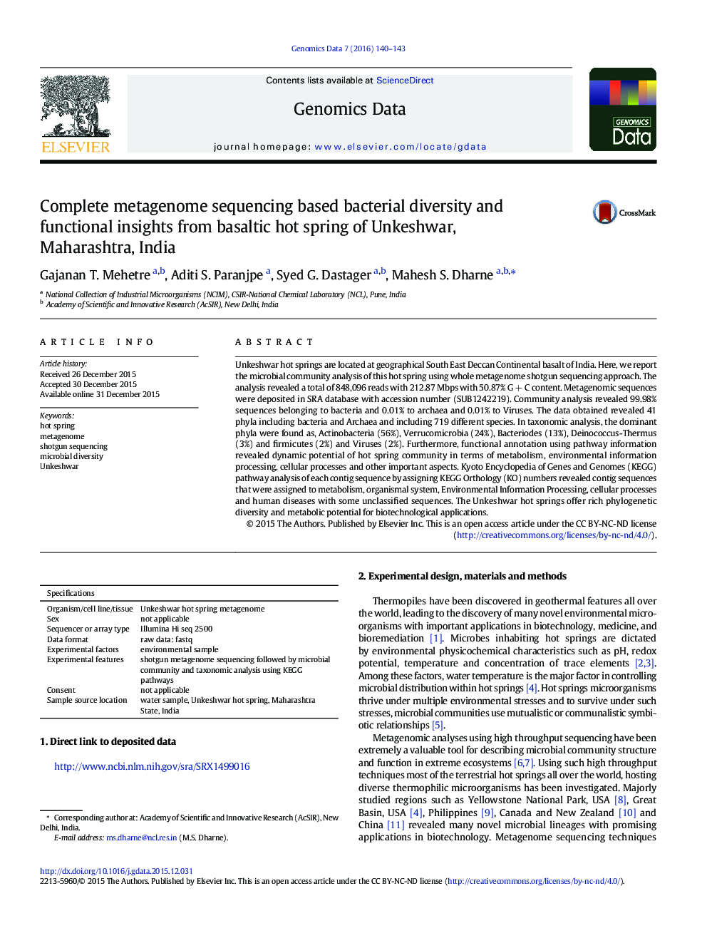 Complete metagenome sequencing based bacterial diversity and functional insights from basaltic hot spring of Unkeshwar, Maharashtra, India