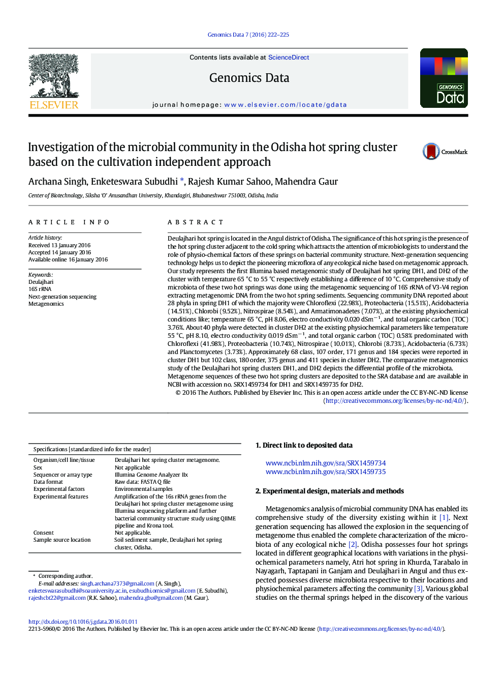 Investigation of the microbial community in the Odisha hot spring cluster based on the cultivation independent approach