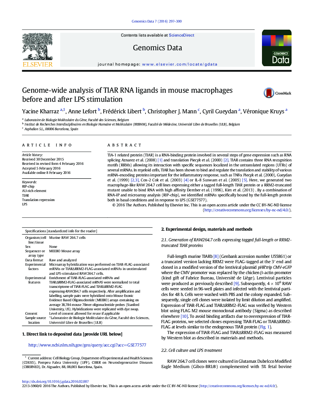 Genome-wide analysis of TIAR RNA ligands in mouse macrophages before and after LPS stimulation