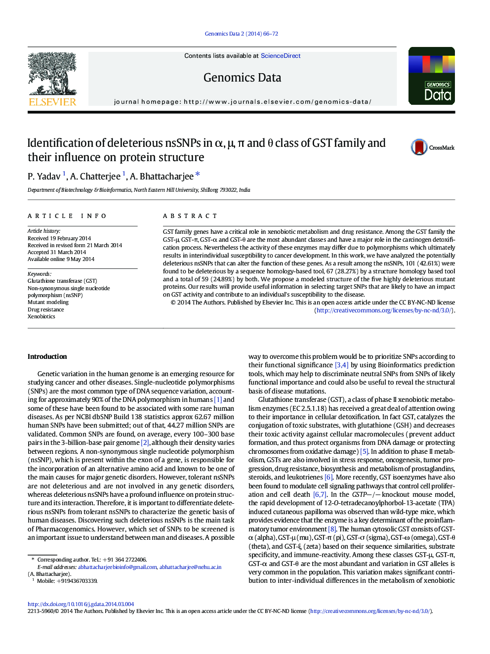 Identification of deleterious nsSNPs in α, μ, π and θ class of GST family and their influence on protein structure