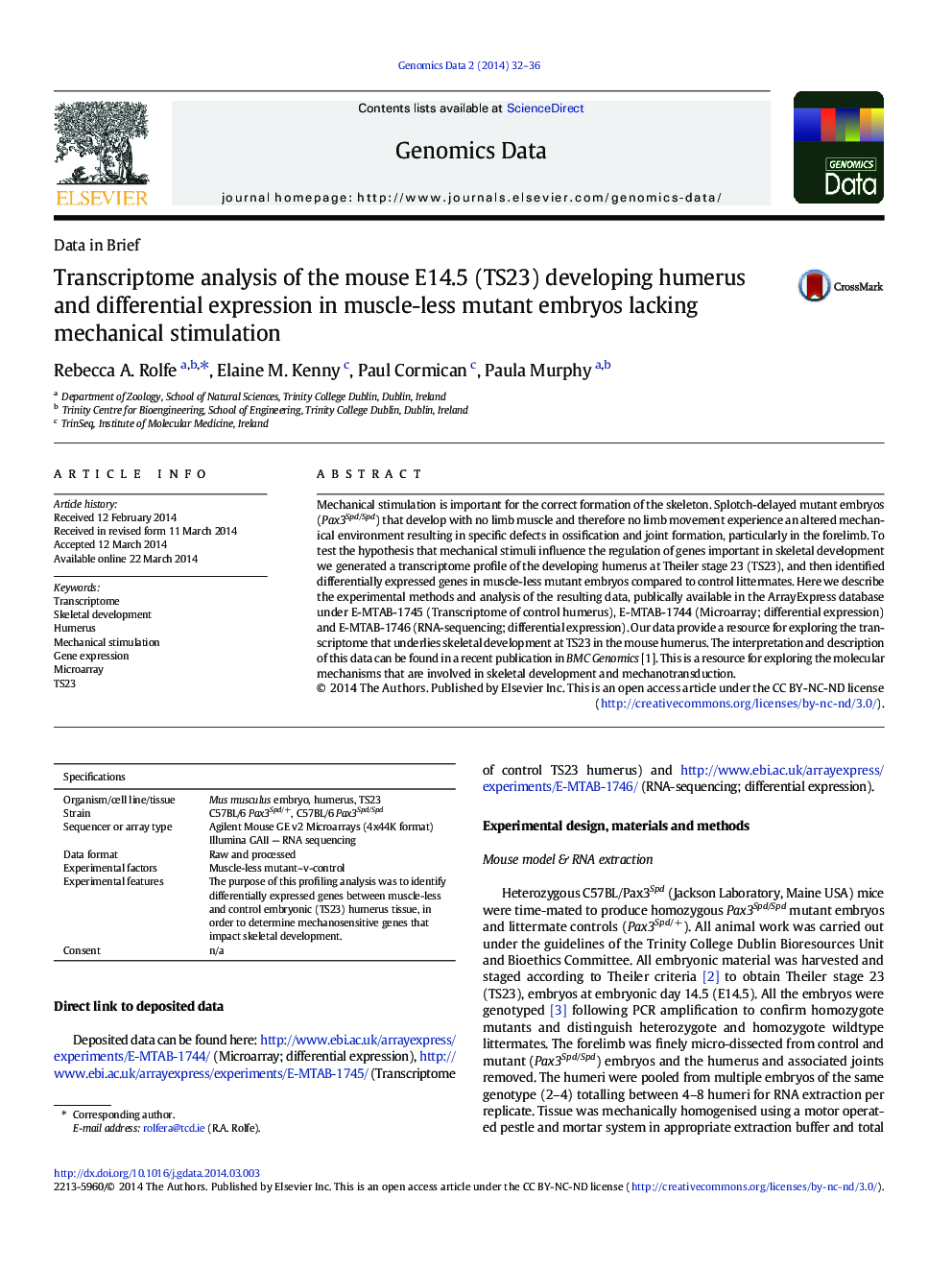 Transcriptome analysis of the mouse E14.5 (TS23) developing humerus and differential expression in muscle-less mutant embryos lacking mechanical stimulation