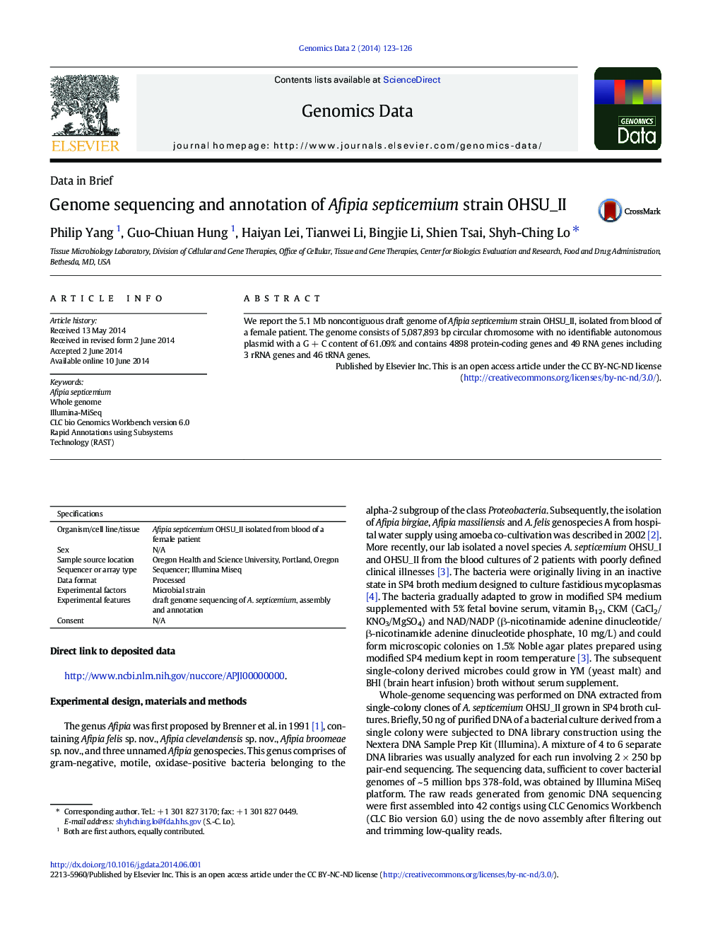 Genome sequencing and annotation of Afipia septicemium strain OHSU_II