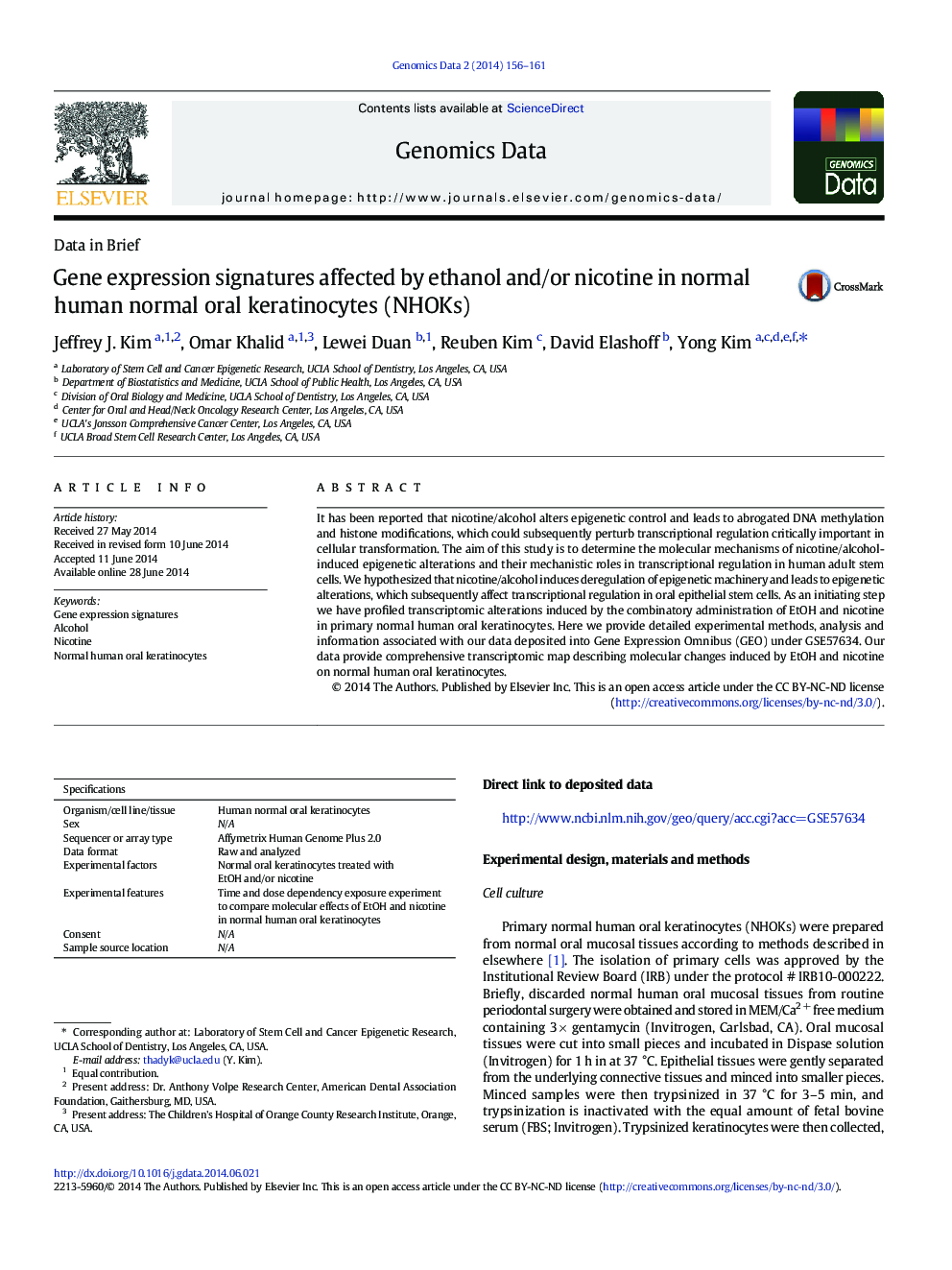 Gene expression signatures affected by ethanol and/or nicotine in normal human normal oral keratinocytes (NHOKs)