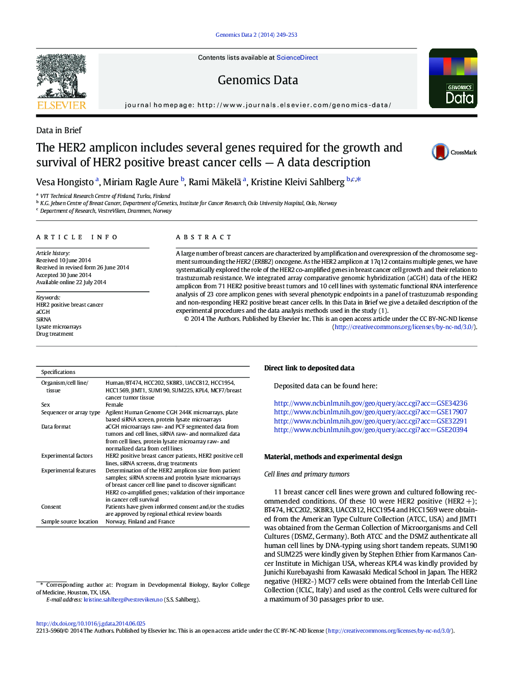 The HER2 amplicon includes several genes required for the growth and survival of HER2 positive breast cancer cells — A data description