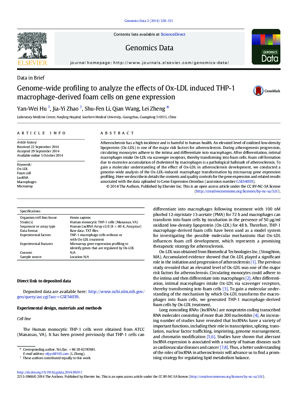 Genome-wide profiling to analyze the effects of Ox-LDL induced THP-1 macrophage-derived foam cells on gene expression