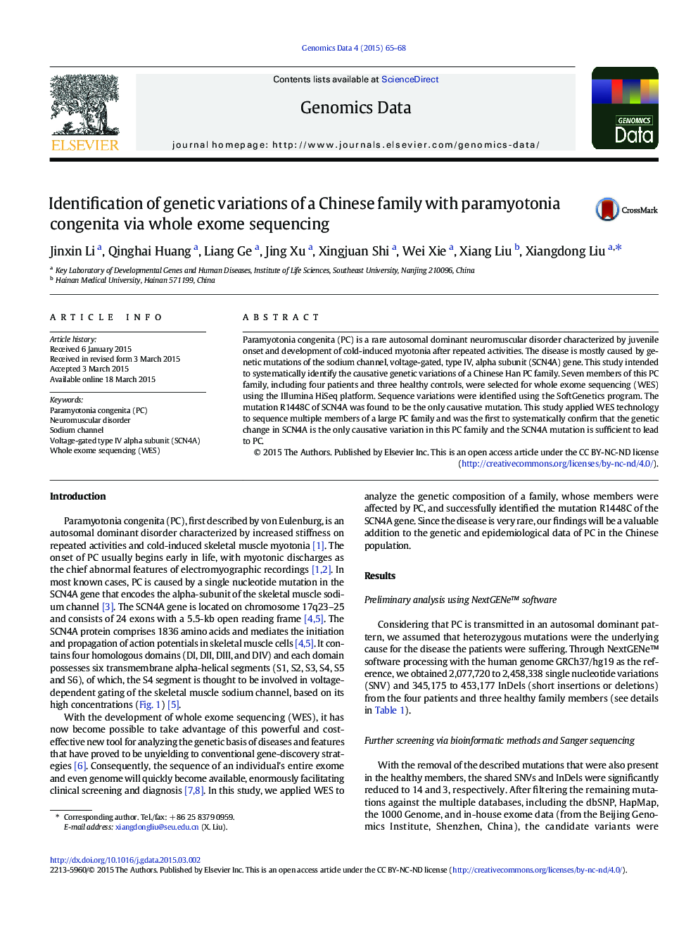 Identification of genetic variations of a Chinese family with paramyotonia congenita via whole exome sequencing