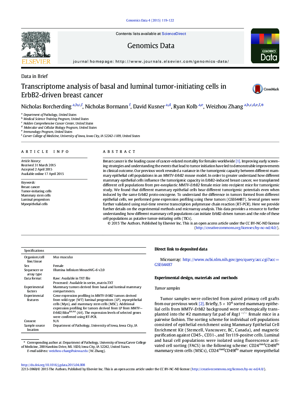 Transcriptome analysis of basal and luminal tumor-initiating cells in ErbB2-driven breast cancer